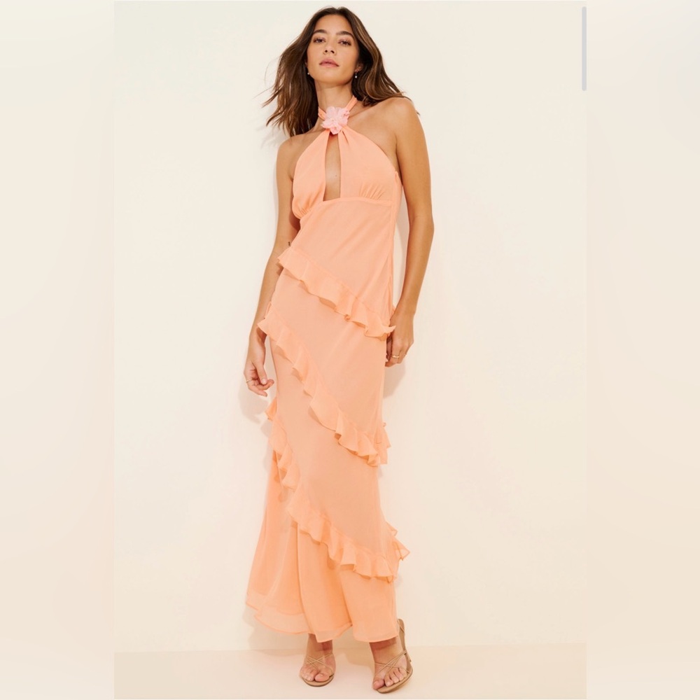 For Love & Lemons X Nuuly Kamory Tiered Ruffle Maxi Dress Halter Cutout Peach Lg